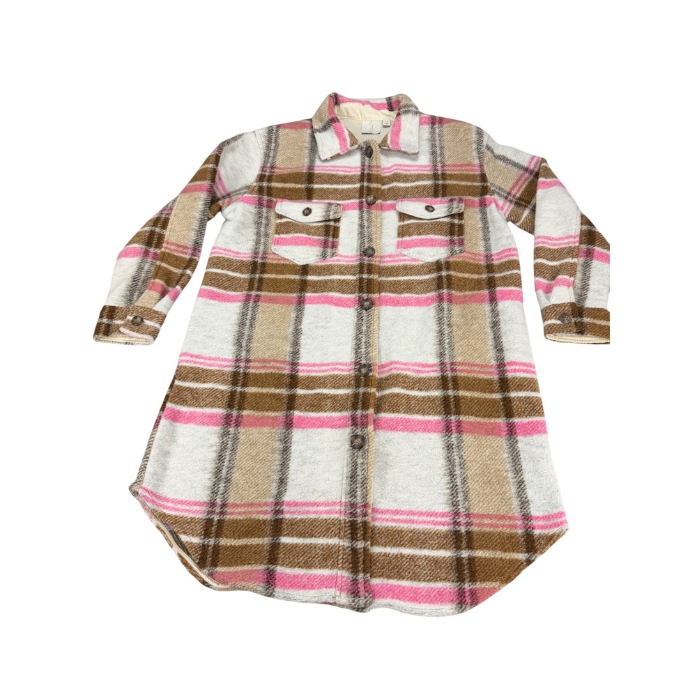 Joie Womens Pink Brown Plaid Longline Shacket Button Front Shirt Jacket Large